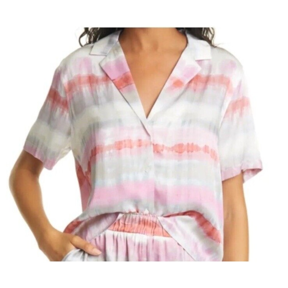 Rails Womens Maui Satin Short Sleeve Button Up Top Shirt  Coral Wave Size S